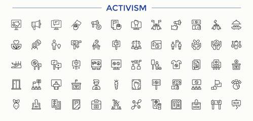 Activism icon set. Line icons with editable stroke. Government icon pack. Includes thin line symbols political, diplomacy, government, politics, democrat and more.