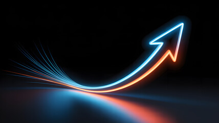 Abstract neon light trail arrow moving upward on dark background