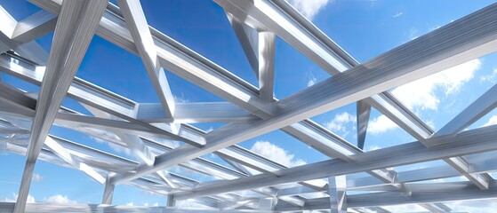 Modern ceiling grid with intricate metal beams and blue sky reflecting natural light in a contemporary architectural space