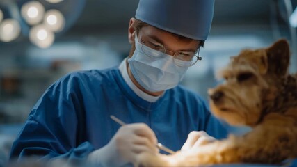 A veterinary surgeon performing a delicate orthopedic procedure on a dog’s leg, bright surgical lights illuminating precise instrument movements as a nurse monitors vital signs — advanced - Powered by Adobe