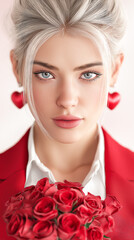 Portrait of a beautiful woman in a red suit with roses and heart shaped earrings, romantic elegant concept of love, femininity, fashion and celebration