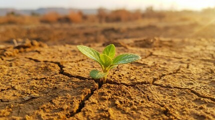 Green Plant Growing from Cracked Dry Soil &ndash; Hope, Renewal and Resilience Concept
