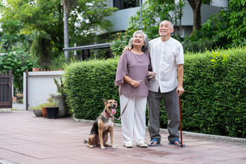 Two older adults enjoy a peaceful walk with their dog in a lush, suburban outdoor setting. The scene reflects active aging, pet companionship, emotional bonding, and a mindful lifestyle surrounded