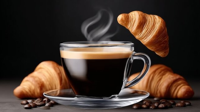 Freshly brewed coffee in a clear glass cup, accompanied by flaky croissants, with aromatic steam rising, creating a cozy atmosphere perfect for breakfast or a delightful snack experience - Powered by Adobe