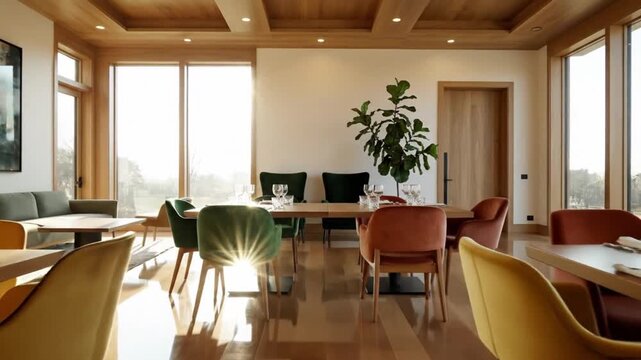 A video showcasing a modern dining room with a large window and a beautiful view, featuring a wooden table and chairs in a bright and airy atmosphere.