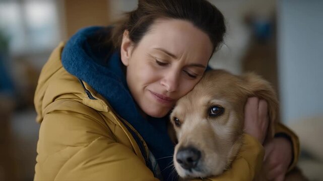A woman finding her lost pet unexpectedly waiting at the front door, dropping her keys in shock before sinking into a relieved, tearful hug &mdash; emotional surprise reunion, pet love, and heartwarming