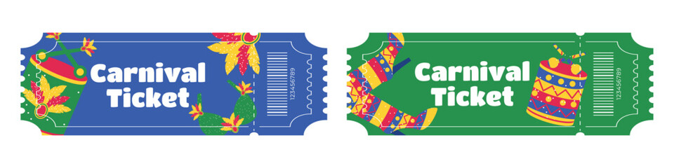 Set of entry tickets for Brazilian Carnival with feathers costumes shoes drums