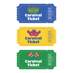 Set of entry tickets for Brazilian Carnival with masks feathers costumes drums and maracas