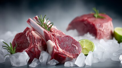 Fresh raw meat cuts displayed on ice with vibrant green lime slices and aromatic rosemary, creating an appetizing scene for culinary enthusiasts and food photography lovers