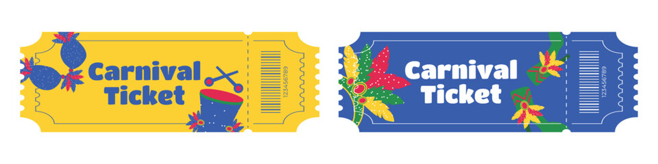 Set of entry tickets for Brazilian Carnival with feathers costumes shoes drums