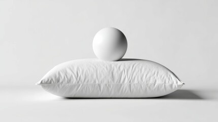 Soft white pillow with a round sphere placed on top, creating a minimalist aesthetic, showcasing texture and simplicity in a serene environment with ample copy space for design purposes