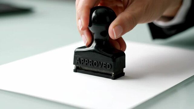 Approved Stamp on Paper - Close-up of a black "Approved" stamp being pressed onto a white sheet of paper.