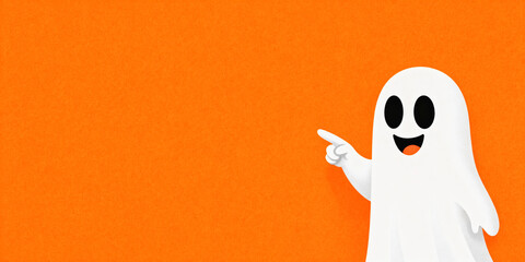 A cute cartoonlike white ghost with big round eyes smiling and pointing, set against an orange background. Playful illustration embodies a halloween concept and is ideal for seasonal design