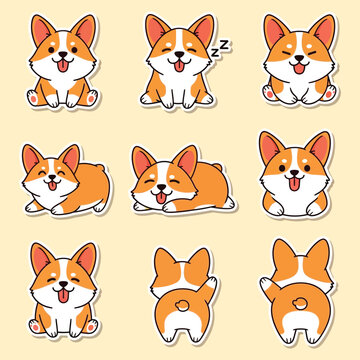 A collection of cartoon corgi illustrations in various poses on a light yellow background