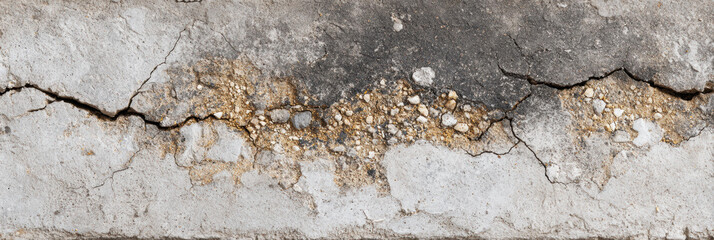 Closeup background texture of old broken grey concrete wall with large dark crack revealing brown stone aggregate inside showing distressed and abandoned concept
