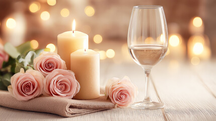 Romantic scene with lit candles, flowers, and glasses of white wine. A romantic dinner for an anniversary or Valentine's Day.
