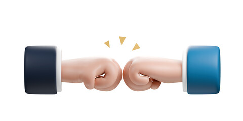 3D cartoon hand punch or fist bump. Success, teamwork, agreement, and partnership concept.