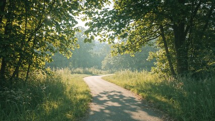 Obraz premium A dirt road surrounded by trees and greenery in a natural setting.