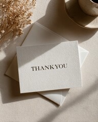 Elegant small thank you note card featuring minimalist black serif typography rests beside a matching white envelope with dried botanical elements providing soft texture and natural light.