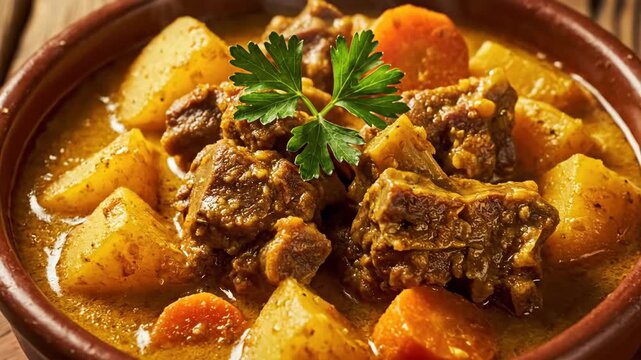 Hearty Beef Stew in Rustic Bowl - A close-up shot features a delicious beef stew in a rustic terracotta bowl.