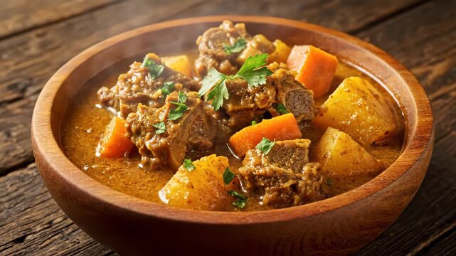 Beef Stew in Wooden Bowl - A close-up shot of a hearty beef stew served in a rustic wooden bowl. The stew contains tender chunks of beef, potatoes, and carrots, garnished with fresh parsley.