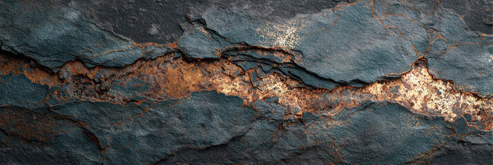 Macro view of natural dark rock surface showing prominent texture background with horizontal deep crack and jagged orange fissure revealing rugged mineral layers inside