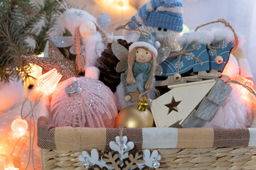Christmas tree decorations in a basket