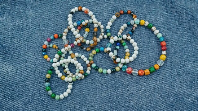 Colorful beaded bracelets made of small round beads arranged in loops on fabric background.