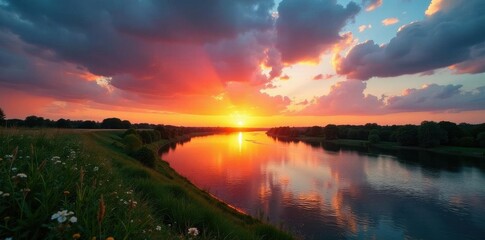 Illinois sunset, Mississippi River, travel trailer panorama, outdoors, nature