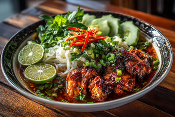 Exquisite bowl of spicy chicken noodles with fresh herbs and lime