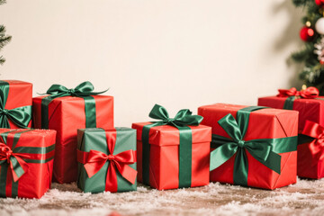 Festive christmas gift boxes on snowy surface for holiday celebrations. perfect for seasonal greeting cards and winter holiday designs.