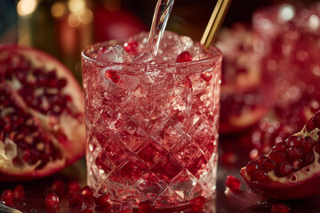 Chilled pomegranate cocktail with ice and bright summer garnishes