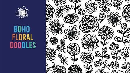 Black outline floral doodle seamless pattern design