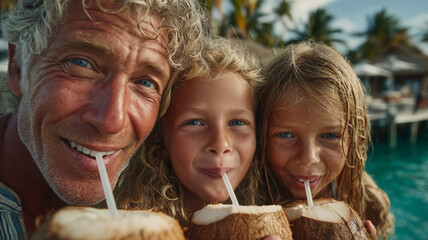 Enjoying fresh coconut drinks by the beach with smiling kids
