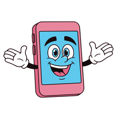Smart phone cartoon with face and hands. Happy cartoon pink cellphone for your design. Vector illustration, transparent background SVG version.