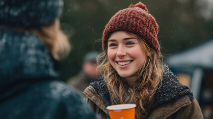 Smiling girl in cozy hat enjoying warm drink on a rainy day outdoors