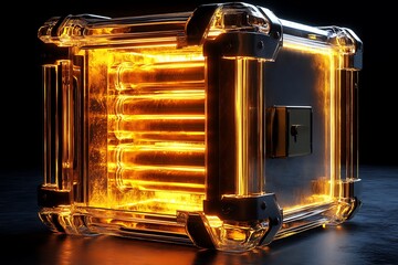 Mysterious glowing transparent storage container with bright energy inside high resolution image