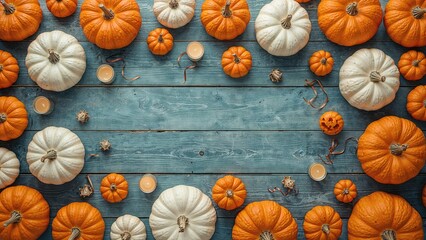 Various pumpkins in orange and white on a blue wooden surface, with candles and decorative items, creating a festive fall or Halloween ambiance.