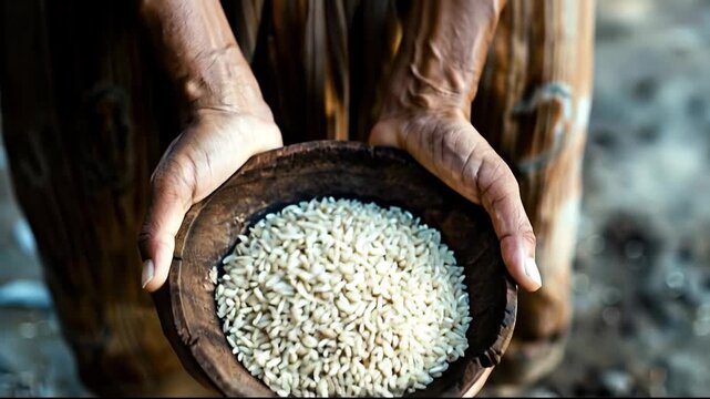 Hands holding a wooden bowl of raw rice grains.