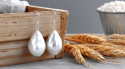 Beautiful earrings with natural white pearls in teardrop shape displayed in a wooden box on a simple table with wheat stalks