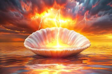 Mystical seashell glowing on water with stormy lightning high resolution image