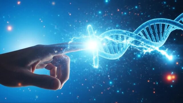 Human hand reaching out to touch a glowing dna molecule in a futuristic setting