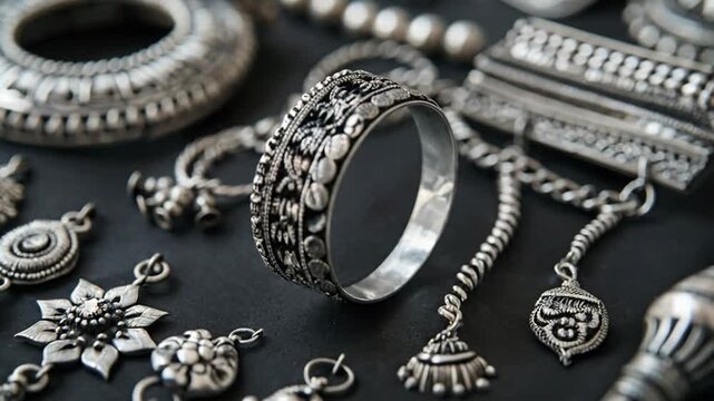 Ornate silver jewelry collection with rings, bracelets, and pendants on dark background.