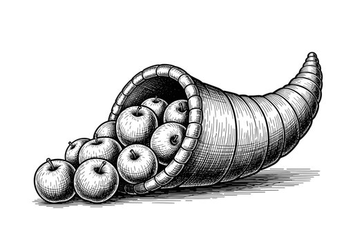 Traditional Cornucopia Outline with Apples in Engraving Style Vector Illustration