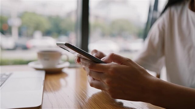 Modern digital lifestyle scene of a woman using smartphone and laptop in a cafe, representing remote work, online communication, productivity, and flexible working environment.