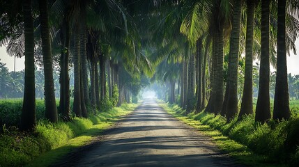 A country road with two rows of old areca trees along the road