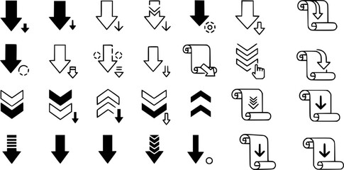 Down arrow vector icon set. scroll illustration sign collection.
