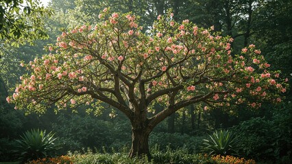 A flowering tree with pink blossoms in a lush green park setting.