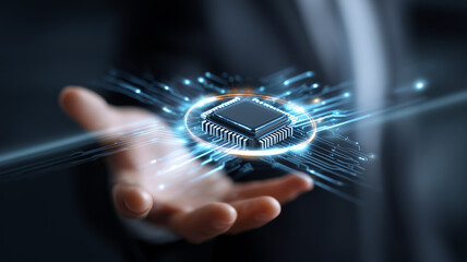 Businessman holding in hand data of brain digital. Artificial intelligence technology