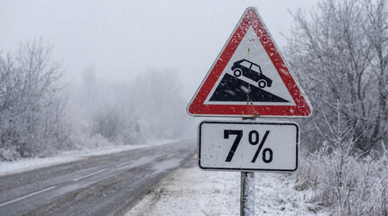 Steep Hill Warning Road Sign with 7 Percent Gradient on a Snowy Winter Road in Foggy Weather